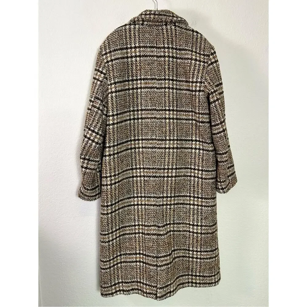 Free People Grunge Preppy Adore You Plaid Longline Wool Coat Brown Small